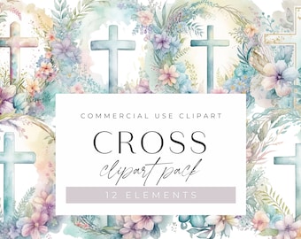 Watercolor Christian Cross Clipart Pack, Clipart for commercial use, Transparent PNGs, He is Risen, Religious, Flowers, Church, Easter
