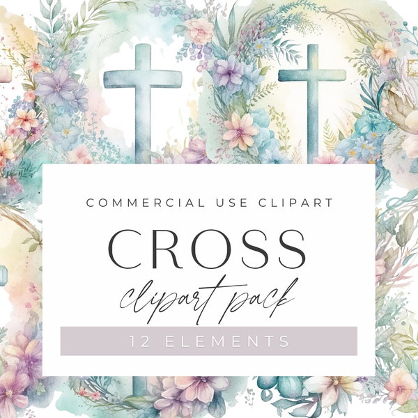 Watercolor Christian Cross Clipart Pack, Clipart for commercial use, Transparent PNGs, He is Risen, Religious, Flowers, Church, Easter