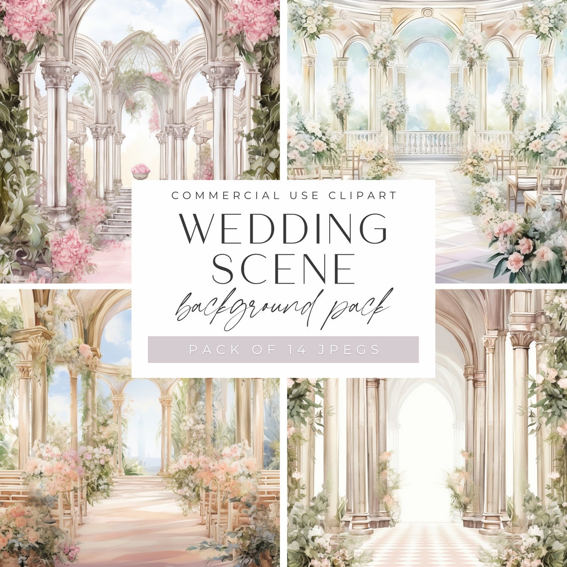 Wedding Scenes JPEG, Watercolor Ceromony Background, Floral Church ...
