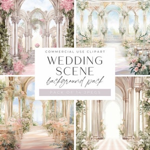 Escenas de boda en formato JPEG, fondo de ceremonia en acuarela, fondo con arcos florales de iglesia, páginas de diario basura de lugares románticos, álbum de recortes digital