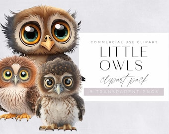 Little Owls Clipart Watercolor, Cute Clipart for commercial use, Transparent PNGs, Nursery Clipart,  Mystical Owls, Woodland Creatures