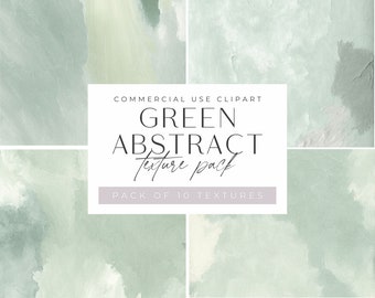 May include: A digital download of 10 green abstract textures. The textures are a light green color with a watercolor effect. The text "COMMERCIAL USE CLIPART GREEN ABSTRACT texture pack PACK OF 10 TEXTURES" is displayed on the image.