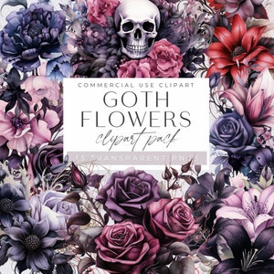 Gothic schwarz rote Rose Clipart, Floral Clip Art, Schädel und Rosen Grafiken, mystische Illustrationen, Junk Journal, Hochzeit png, kommerzielle Nutzung