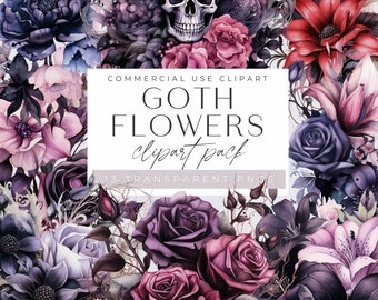 Gothic Black Red Rose Clipart, Floral Clip Art, Skull and Roses Graphics, Mystical Illustrations, Junk Journal, Wedding png, Commercial Use