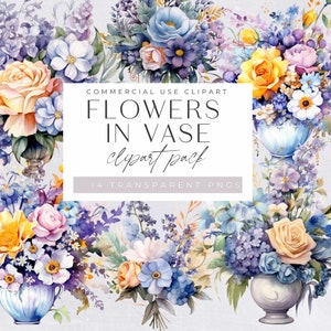 Paquete de imágenes prediseñadas de florero de acuarela, morado y lila, flores de ventana, ramo floral, uso comercial, fabricación de tarjetas, manualidades digitales