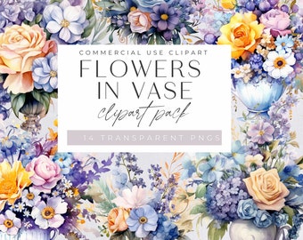 Paquete de imágenes prediseñadas de florero de acuarela, morado y lila, flores de ventana, ramo floral, uso comercial, fabricación de tarjetas, manualidades digitales