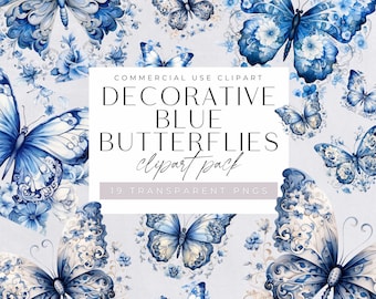 Watercolor Butterfly And Flowers Clipart Bundle, Elegant Blue butterflies, transparent png clipart, Butterfly Wings, Commercial use