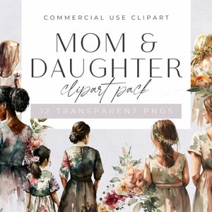 Watercolor Mom and Daughter Clipart Pack, Clipart for commercial use, Transparent PNGs, Watercolor Mothers Day Clip Art, Mum and Little Girl