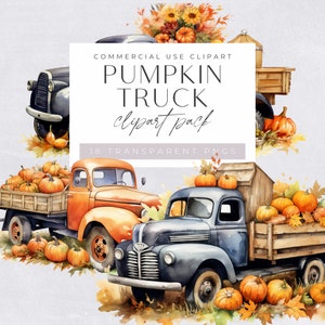 Puede incluir: Un paquete de clipart digital de 18 ilustraciones de acuarela que representan camiones vintage llenos de calabazas. Los camiones están pintados en tonos de azul, naranja y marrón. Las calabazas son de color naranja y están dispersas alrededor de los camiones. El texto "PUMPKIN TRUCK clipart pack" está escrito en negro sobre un fondo blanco.