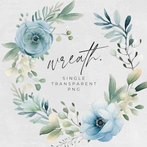 Watercolor Winter Wreath Clipart, SINGLE IMAGE, Blue Floral Watercolor, Half Wreaths, Wedding Invitation, transparent png, Commercial Use