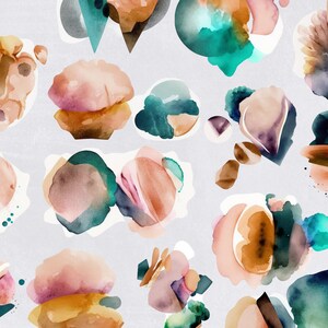 May include: Abstract watercolor painting with a variety of shapes and colors, including pink, teal, brown, and white. The shapes are layered and overlapping, creating a sense of depth and movement.