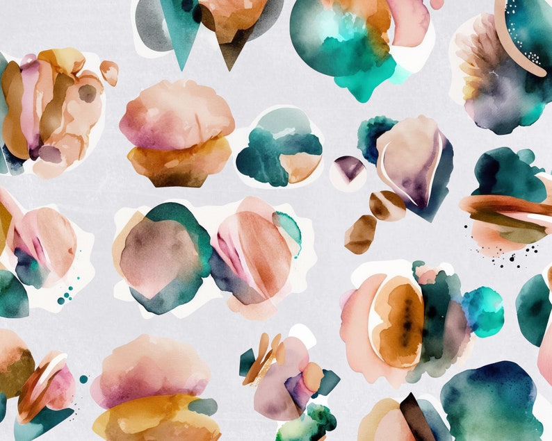 May include: Abstract watercolor painting with a variety of shapes and colors, including pink, teal, brown, and white. The shapes are layered and overlapping, creating a sense of depth and movement.