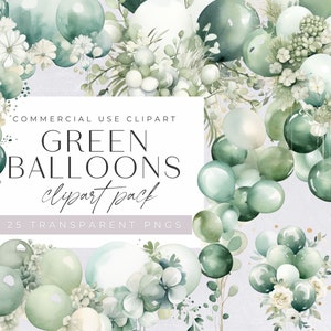 Green Balloons Clipart, Watercolor Birthday Party Decorations, Childrens, Baby Shower Invitation, transparent png, Commercial use