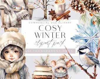 May include: A digital clipart pack with 61 transparent PNG images featuring cozy winter illustrations. The images include a girl wearing a winter hat and scarf, a mouse wearing a hat and scarf, a bird perched on a branch, a cup of hot cocoa, a stack of books, a snowflake, and a pine cone.