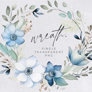 Watercolor Winter Wreath Clipart, SINGLE IMAGE, Blue Floral Watercolor, Half Wreaths, Wedding Invitation, transparent png, Commercial Use