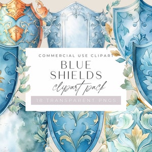 Blue Shields Watercolor Clip Art, Commercial Use, Transparent PNGs, Card Making, Defence, Badge, Digital Download
