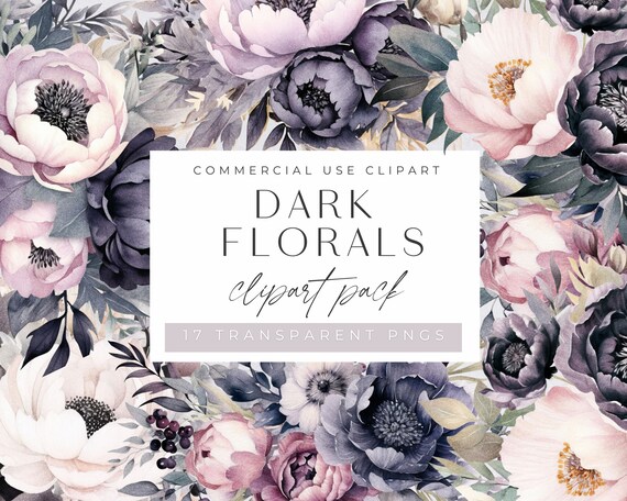 Dark Floral Clipart, Black and Pink flower Bouquet, Watercolor Clip art, commercial use, Transparent PNGs, Wedding Invitations, Invites