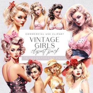 Clipart vintage filles, clipart femme au foyer rétro, belle mode femmes clipart, célèbre star de cinéma hollywoodienne, fille ronde, usage Commercial