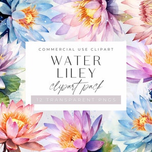 Pacote de clipart de flores de nenúfar, rosas, nenúfares azuis e lilás, florais, almofada de lírio, uso comercial, PNGs transparentes, clipart de casamento