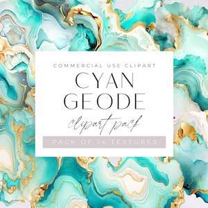 Puede incluir: Un paquete de 14 texturas digitales abstractas con patrones en espiral de color turquesa, blanco y dorado. El texto "COMMERCIAL USE CLIPART CYAN GEODE clipart pack PACK OF 14 TEXTURES" se muestra en un rectángulo blanco.