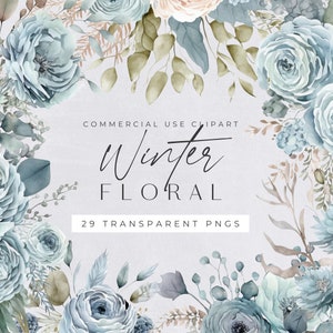 Pacote de clipart floral em aquarela de inverno, flores elegantes azuis, clipart para uso comercial, flores silvestres, buquê floral azul, PNGs transparentes
