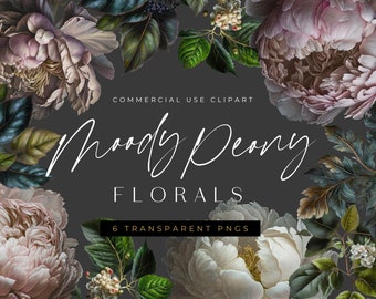 Moody Peonies watercolor Flower clipart, transparent floral png clip art, white flower posy,  Spring Floral Peony, Pink Summer Flowers