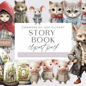 Clipart personnage livre d'histoires, histoires pour enfants, contes de fées pour enfants, souris, souris, loup, loups cochons, usage commercial, téléchargement immédiat