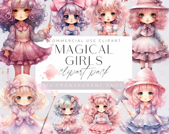 Magical Girls Clipart, Fantasy Clip Art, Princess Birthday, Pink Dress and Hair, Digital Planner Stickers, Cute Girl with Wand Graphics