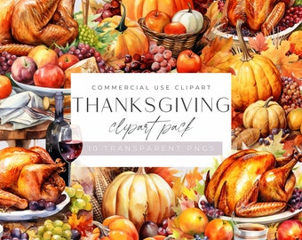 Thanks Giving Meal Clipart, Fall Table Decorations, Family Gathering Season, Watercolor ChristmasTurkey Dinner, Autumn Pumpkin Pie