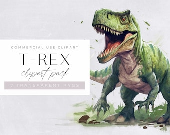 May include: A digital illustration of a green T-Rex dinosaur with a watercolour effect. The dinosaur is roaring with its mouth open, showing sharp teeth. The background is a light grey with green foliage.