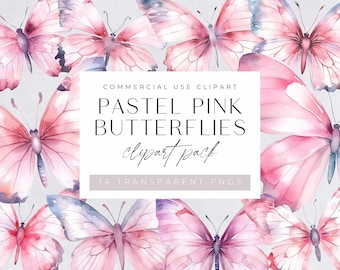 Pastel Pink butterflies Clipart Pack, transparent png clipart, Watercolor Butterfly Clipart, Illustrations and Graphics, Commercial use