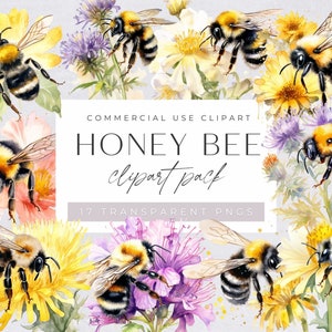 Bees Clipart Commercial Use, Watercolor Honey Bee, Busy Bees and Flowers Clip Art, Baby Shower Invitation, transparent png, Spring, Summer,