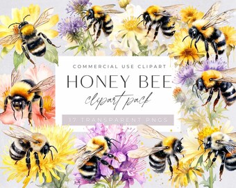 Bees Clipart Commercial Use, Watercolor Honey Bee, Busy Bees and Flowers Clip Art, Baby Shower Invitation, transparent png, Spring, Summer,