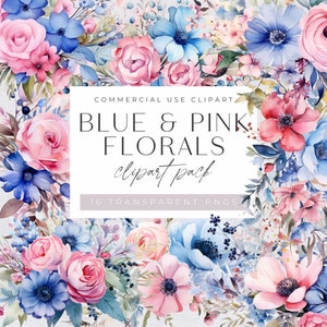 Blue and Pink Floral Clipart Pack, Spring and Summer Flower Bouquet,  Transparent PNGs, Pastel Pink Blush Blue Cream, Dusty Blue, Dusty Pink