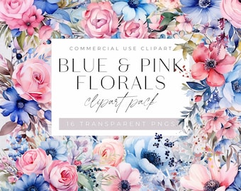 Blue and Pink Floral Clipart Pack, Spring and Summer Flower Bouquet,  Transparent PNGs, Pastel Pink Blush Blue Cream, Dusty Blue, Dusty Pink