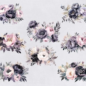 Dark Floral Clipart, Black and Pink flower Bouquet, Watercolor Clip art, commercial use, Transparent PNGs, Wedding Invitations, Invites image 4