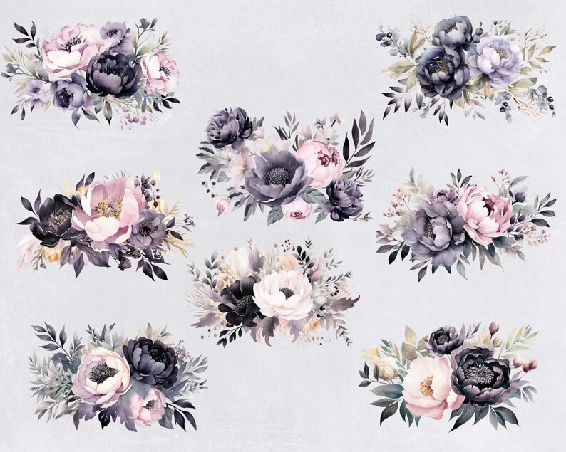 Dark Floral Clipart, Black and Pink flower Bouquet, Watercolor Clip art, commercial use, Transparent PNGs, Wedding Invitations, Invites image 4