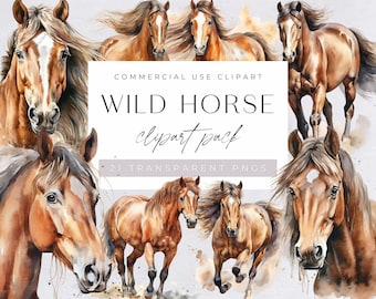 Op de afbeelding: Een digitaal clipart-pakket met 21 aquarel-illustraties van wilde paarden in verschillende poses. De paarden zijn bruin met witte markeringen en hebben stromende manen en staarten. De tekst "COMMERCIAL USE CLIPART WILD HORSE clipart pack 21 TRANSPARENT PNGS" wordt weergegeven op een paarse achtergrond.