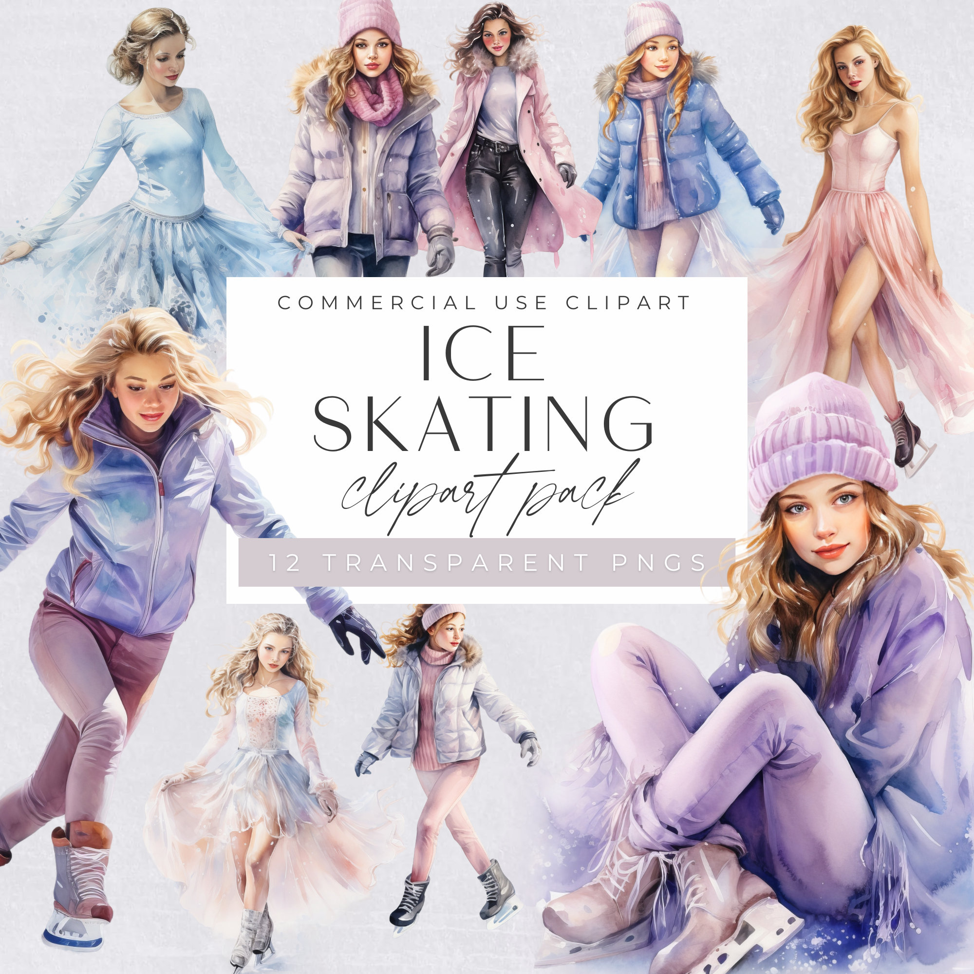 Ice Skating Girl Clipart, Winter Sports Clip Art, Figure Skating, Ice Skate Birthday Party Graphics, Watercolor Illustrations, Commecial Use