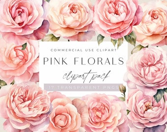Stoffige roze bloemen clipart, bruiloft clipart met rozenboeketten, graphics, aquarel bloemen, commercieel gebruik, transparante png's, uitnodigingen