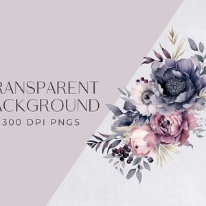 Dark Floral Clipart, Black and Pink flower Bouquet, Watercolor Clip art, commercial use, Transparent PNGs, Wedding Invitations, Invites image 2