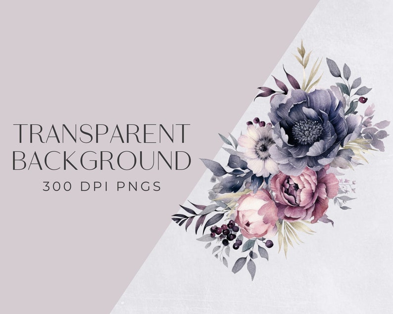Dark Floral Clipart, Black and Pink flower Bouquet, Watercolor Clip art, commercial use, Transparent PNGs, Wedding Invitations, Invites image 2