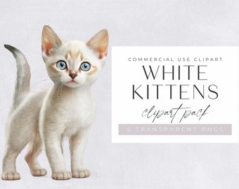 White Kittens clipart pack, Clip art for commercial use, Transparent PNGs,  Cute, Adorable Watercolour Cats, Kitty Clip Art