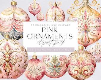 Watercolor Christmas Bauble Clipart, Pink Bauble Clip Art, Pink and Gold Xmas Decorations, Watercolor Holiday Clip Art, Commercial Use, PNGs