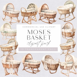 Clipart Moses Basket, Stojak i Bujak, Clipart dla dzieci, Łóżeczko dziecięce, Akcesoria, Dekoracje pokoju dziecięcego, Baby Shower, Użytek komercyjny, Pobieranie cyfrowe