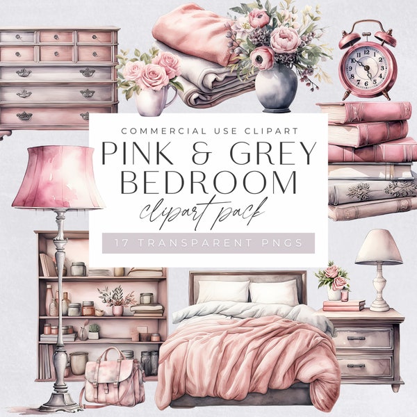 Watercolor Bedroom Clipart, Pink & Gray Home Decor png, Interior Design Images, Cozy House Illustration, Room Furniture, Commercial Use,