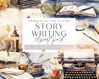Typewriter Clipart, Retro, Vintage Writing Paper Clip Art, Story Writer png, Antique Watercolor Journal Graphics, Pen & Ink Illustrations,