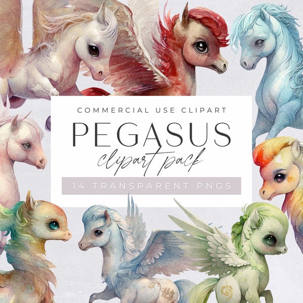 Pegasus Aquarelle Clipart Pack, Licorne Clipart à usage commercial, Fantasy, Flying Horse avec des ailes, Pegasus Wall Art Transparent PNGs,