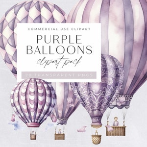 Heißluftballon Clipart, Aquarell lila, Kinderzimmer Wand Dekor, Baby-Dusche Clip Art, Reise Clipart, kommerzielle Lizenz,