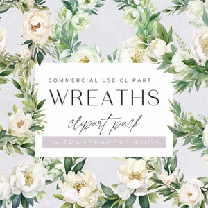 Magnolia Wreath Clipart Bundle, Floral Watercolor Half Wreaths,, White Flowers, Wedding Invitation Clip Art, transparent png, Commercial Use